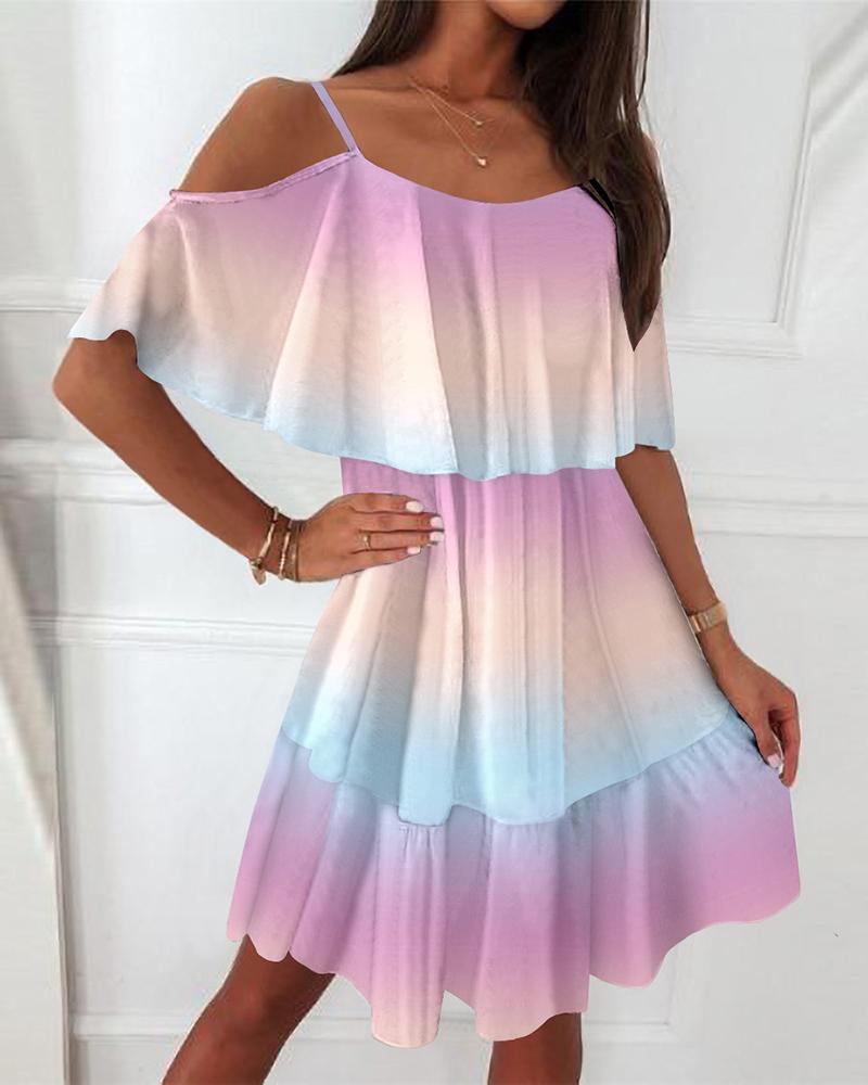 

Ombre Cold Shoulder Ruffle Hem Casual Dress, Multicolor