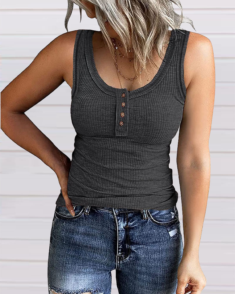 

Contrast Stitching Button Front Ribbed Tank Top, Dark grey