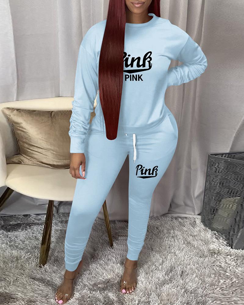 

Letter Print Long Sleeve Top & Drawstring Pants Set, Light blue