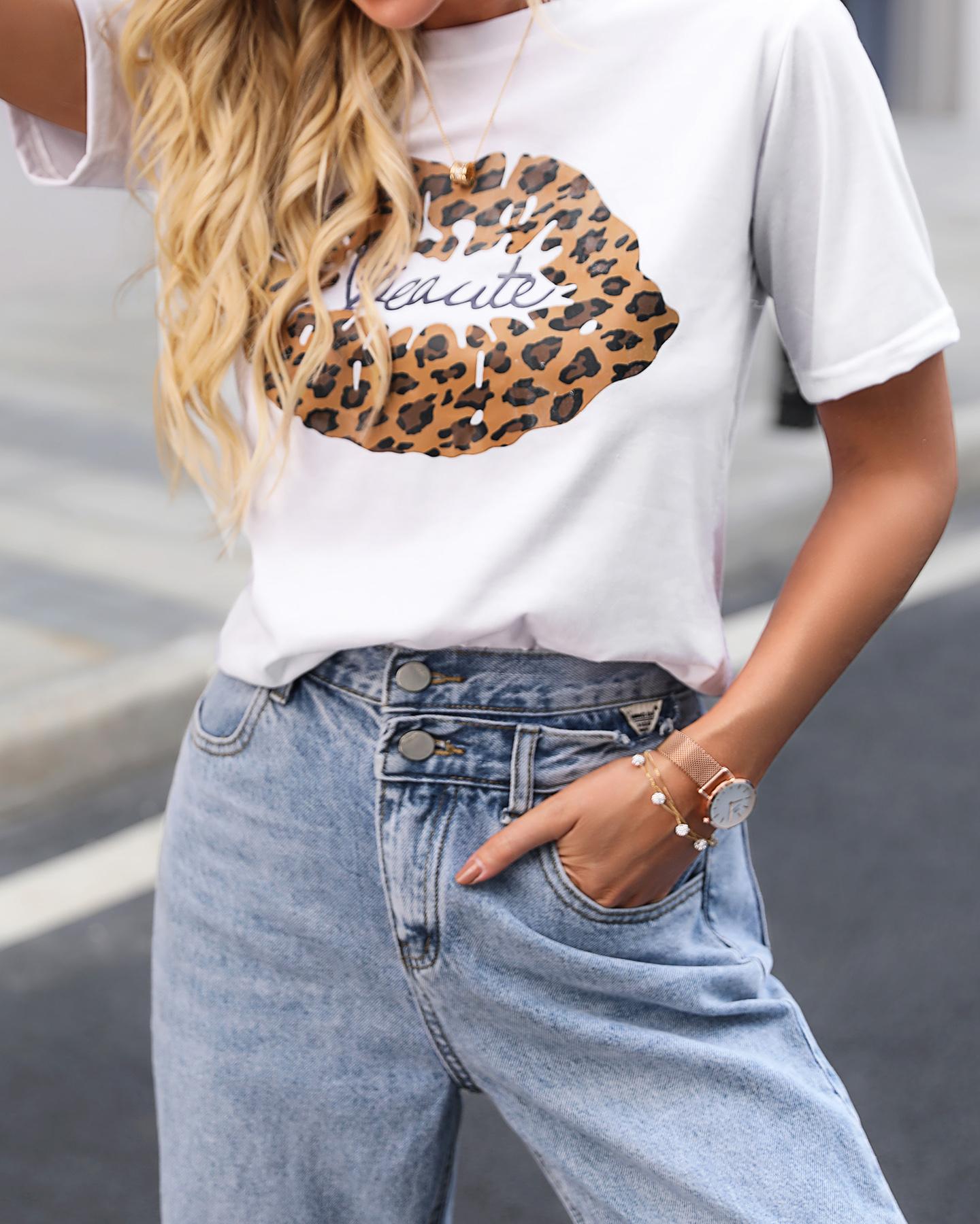 

Leopard Mouth Pattern Short Sleeve Casual T-shirt, White