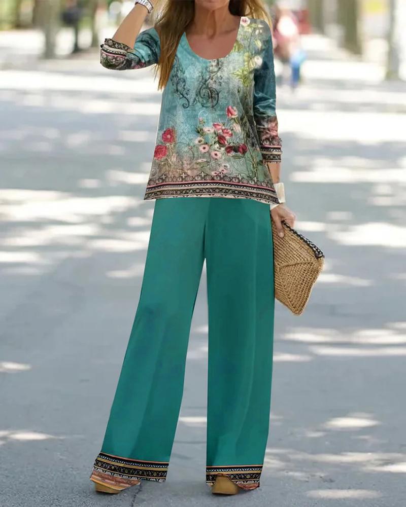 

Floral Tribal Print Top & Wide Leg Pants Set, Green