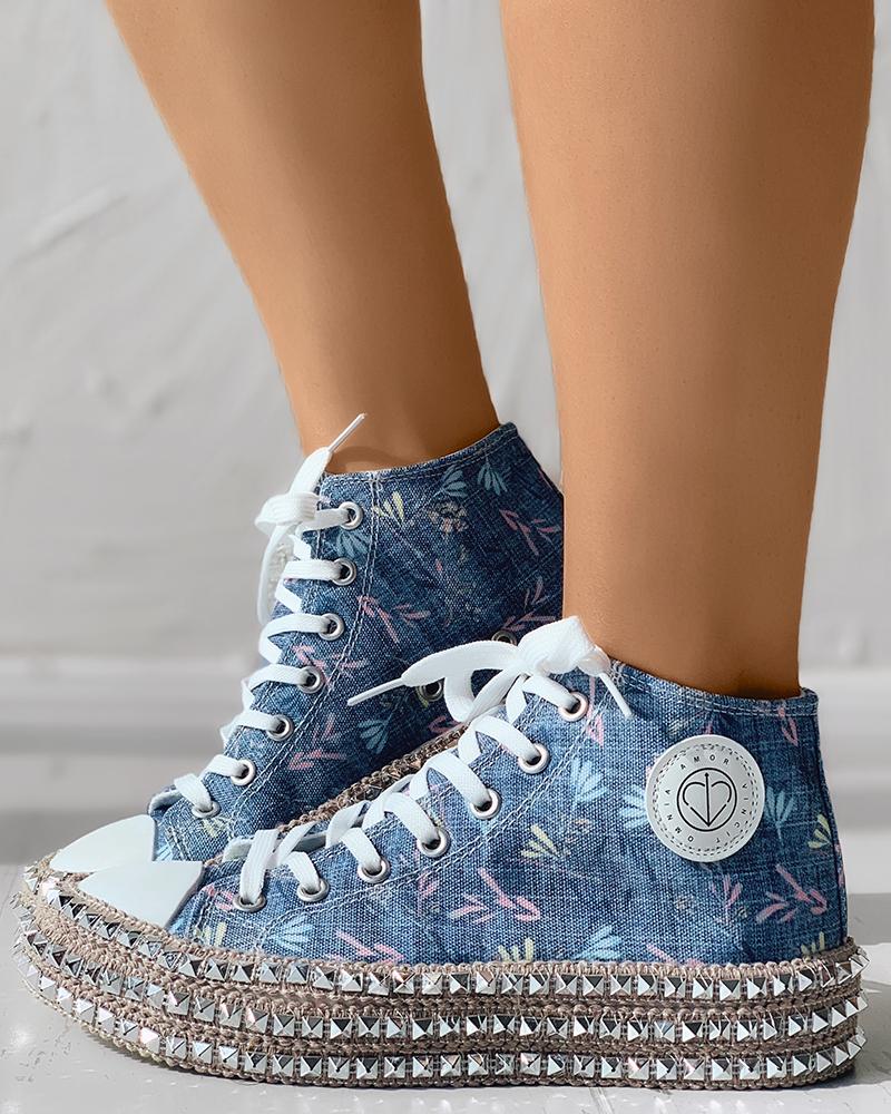 

Studded Decor Eyelet Lace-up Canvas Shoes, Blue