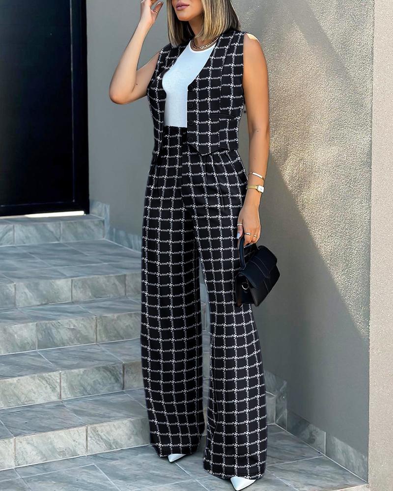 

Plaid Print Buttoned Vest Top & Wide Leg Pants Set, Blackwhite