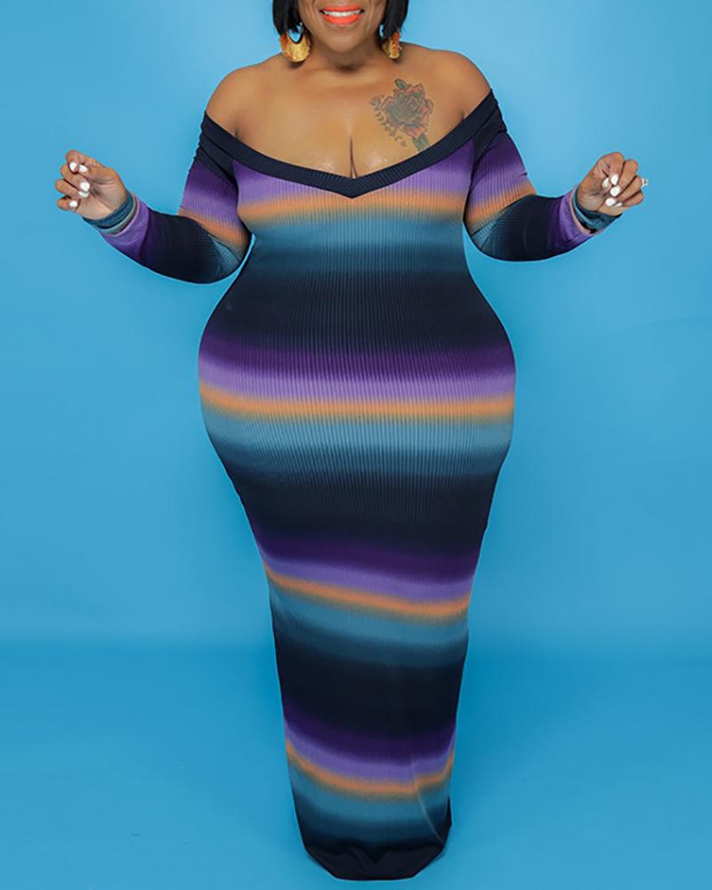 

Plus Size Long Sleeve Ribbed Ombre Colorblock Maxi Dress, Blue