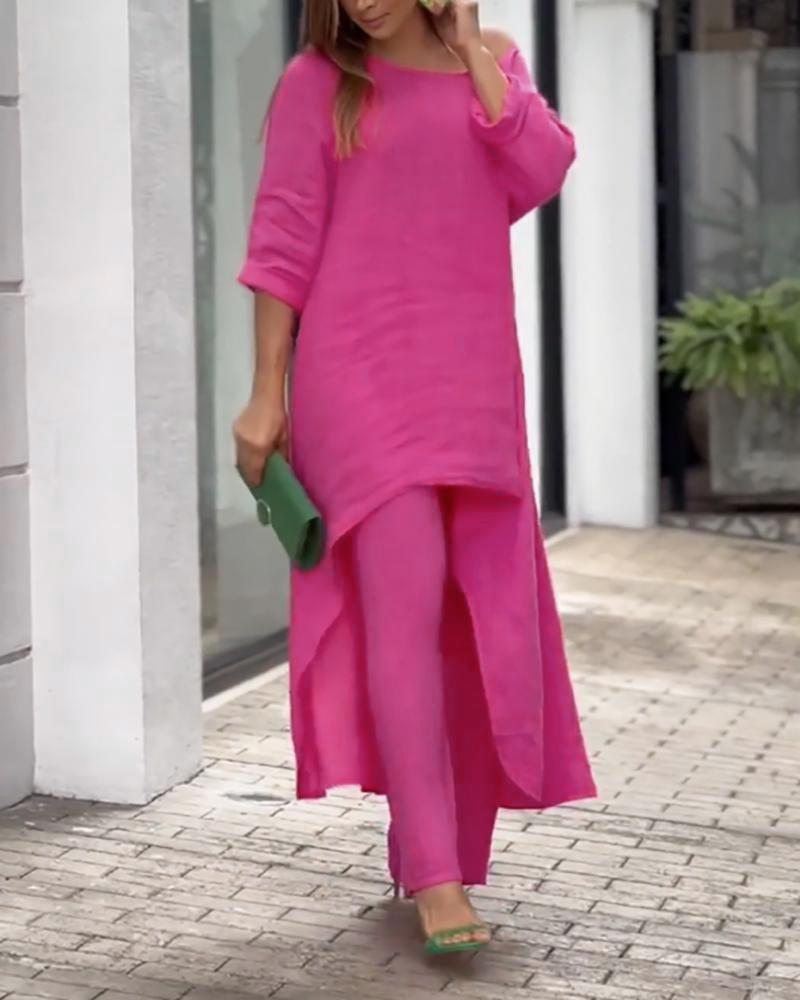 

One Shoulder Asymmetrical Top & Casual Pants Set, Rose red