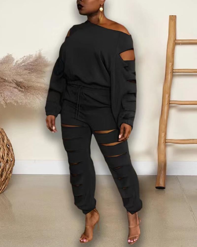 

Plus Size Ladder Cutout Cold Shoulder Top & Pants Set, Black