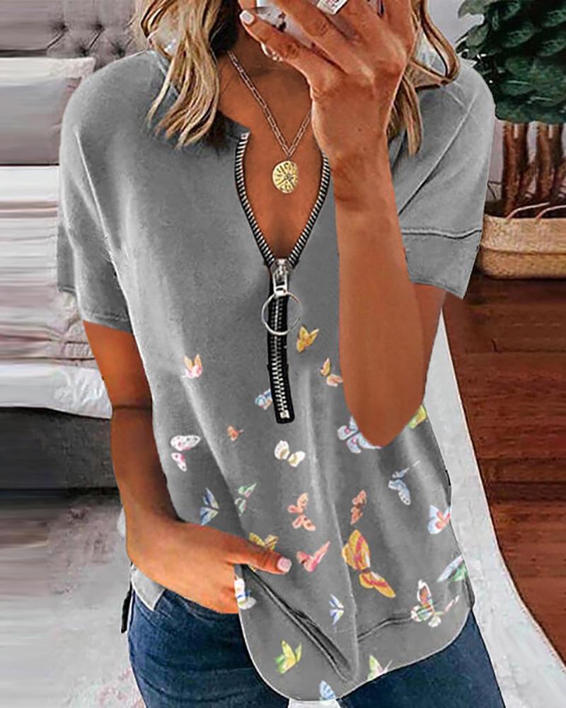 

Butterfly Print V-Neck Short Sleeve Zipper Design T-shirt, Gray