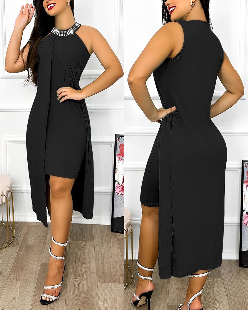 

Rhinestone Sleeveless Ruched Asymmetrical Casual Dress, Black