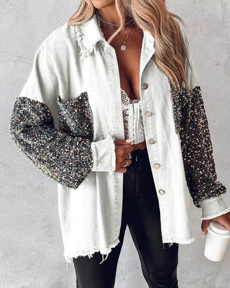 

Casual Jacket Sequin Patchwork Long Sleeve Jacket Top Button Front Raw Hem Oversized Denim Shacket, White