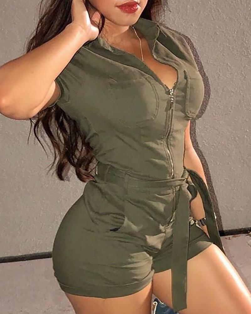 

Solid Short Sleeve Zipper Design Cargo Romper, Army green