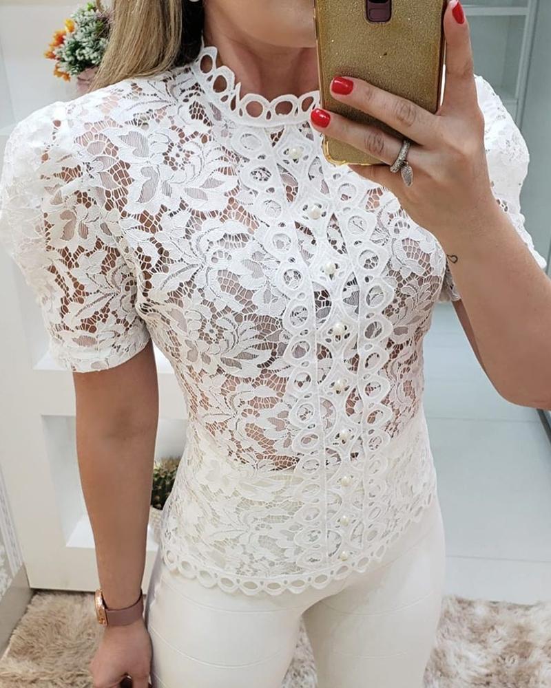 

Crochet Lace Puffed Sleeve Beaded Blouse, White