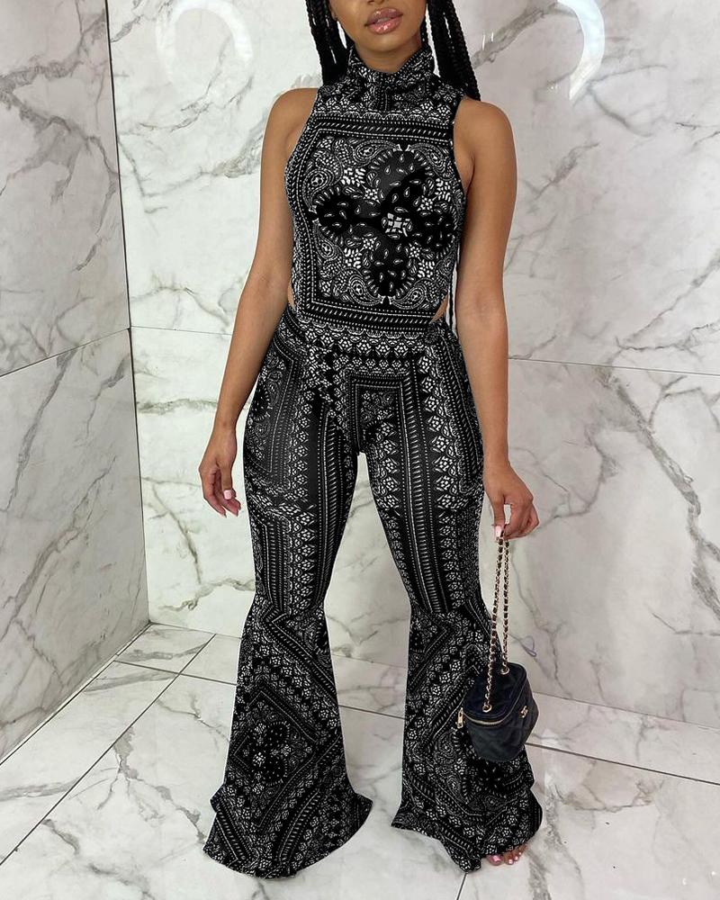 

Floral Printed Sleeveless Tank * Pants 2PCS Set, Black