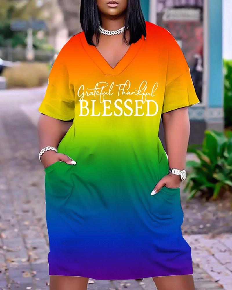 

Plus Size Grateful Thankful Blessed Print Ombre Casual Dress, Multicolor
