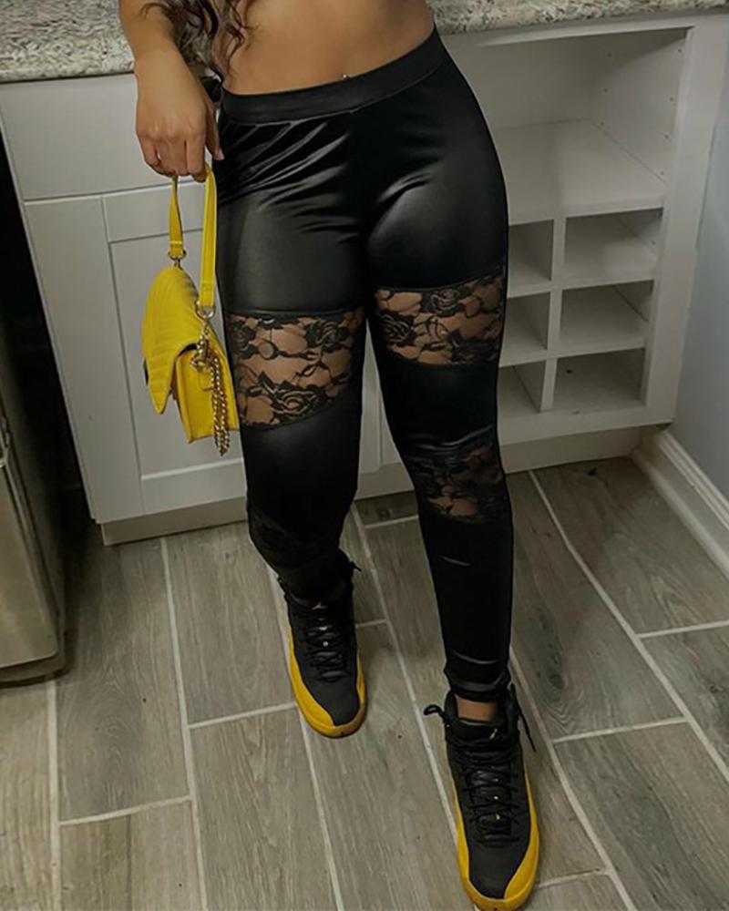 

Contrast Lace High Waist PU Leather Pants, Black