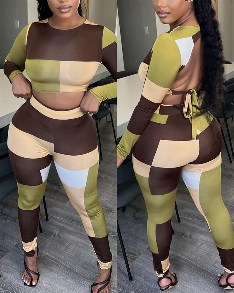 

Colorblock Backless Crop Top & Pants Set, Green