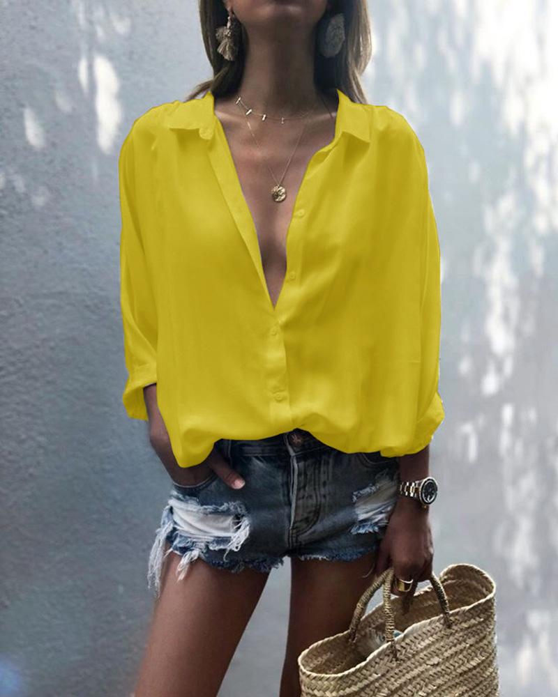 

Deep V-Neck Button Up Shirt, Yellow