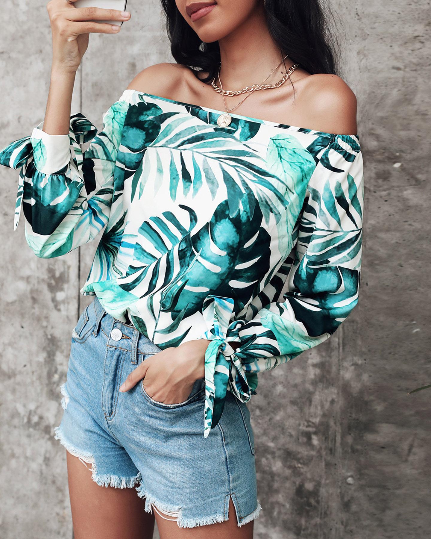 

Leaves Print Long Sleeve Blouse, Green