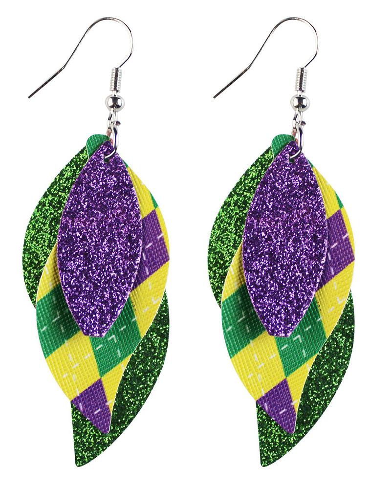 

1Pair Mardi Gras Festival Argyle Leaf Shaped Teardrop Earrings, Yellow