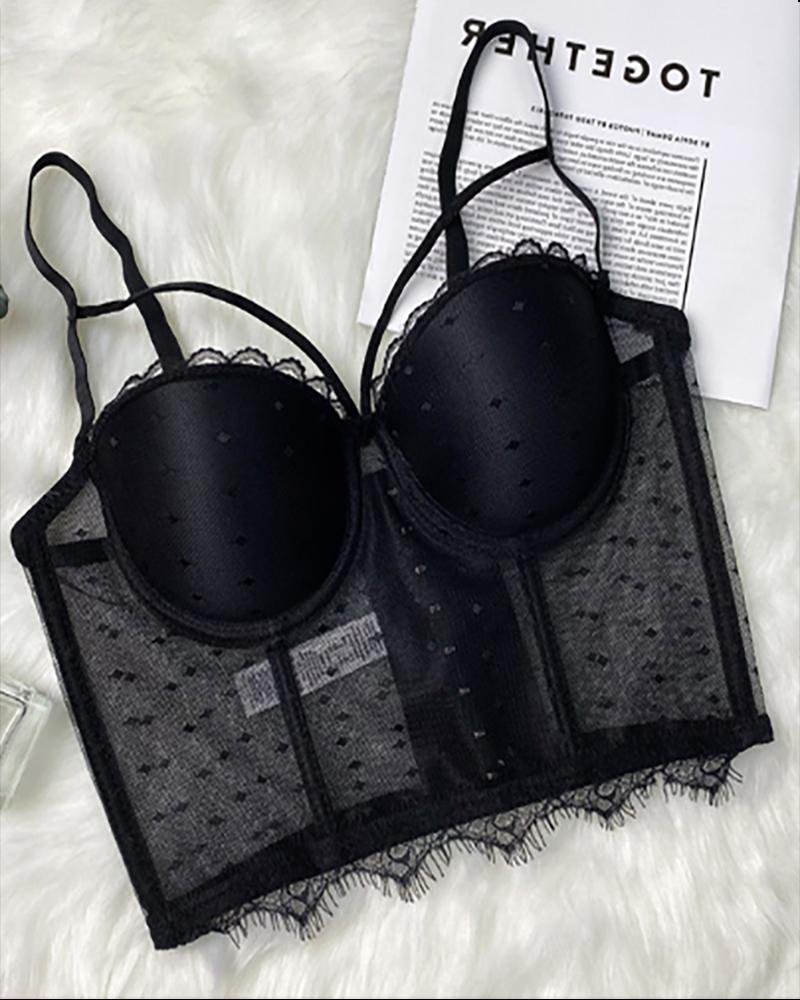 

Crochet Eyelash Lace Push Up Corset Crop Top, Black