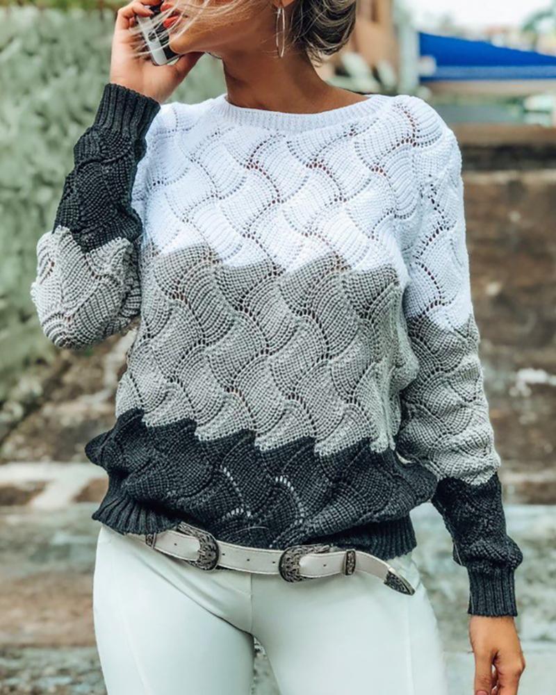 

Colorblock Long Sleeve Ribbed Knit Sweater, Gray