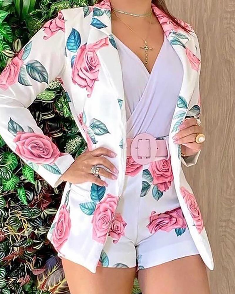 

Floral Print Long Sleeve Blazer Coat & Shorts Set, White