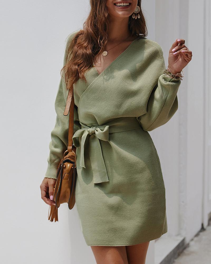 

Knotted Cutout Knit Long Sleeve Dress, Green