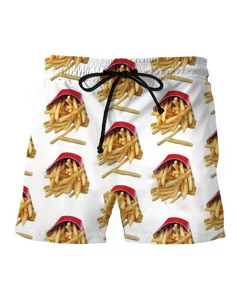 

French Fries Print Loose Drawstring Shorts, Multicolor