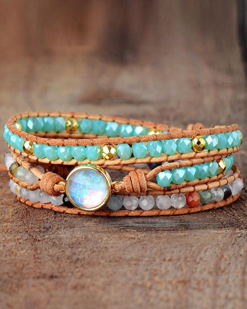 

1pc Crystal Stone Beaded Braided Multi-layer Bracelet, Green