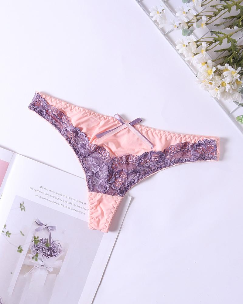 

Sexy Women Lace Patchwork Low Waist Thong With Knotbow, Purple