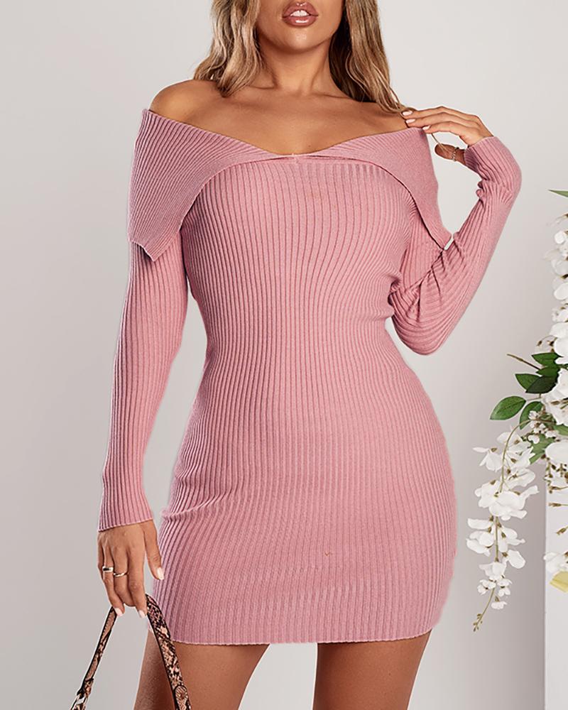 

Off Shoulder Long Sleeve Knitted Bodycon Dress, Pink