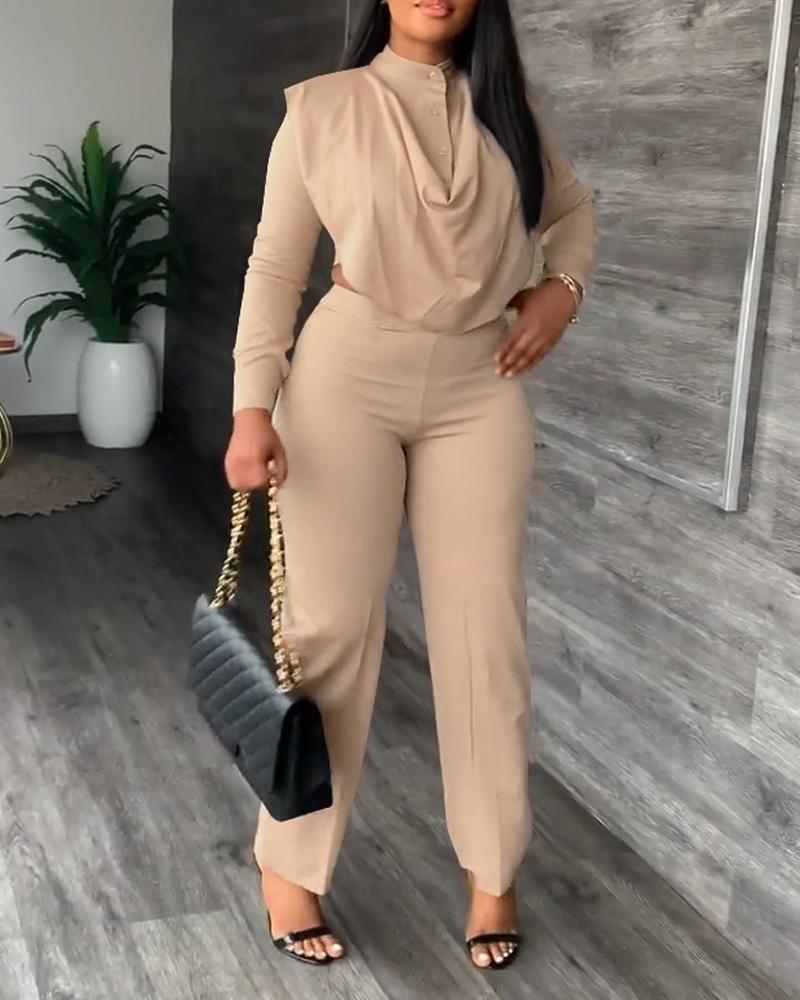 

Long Sleeve Cowl Neck Asymmetrical Top & Pants Set, Khaki