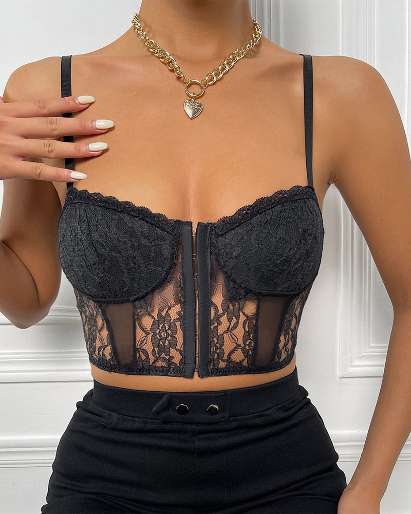 

Hook Front Lace Crop Cami Top, Black