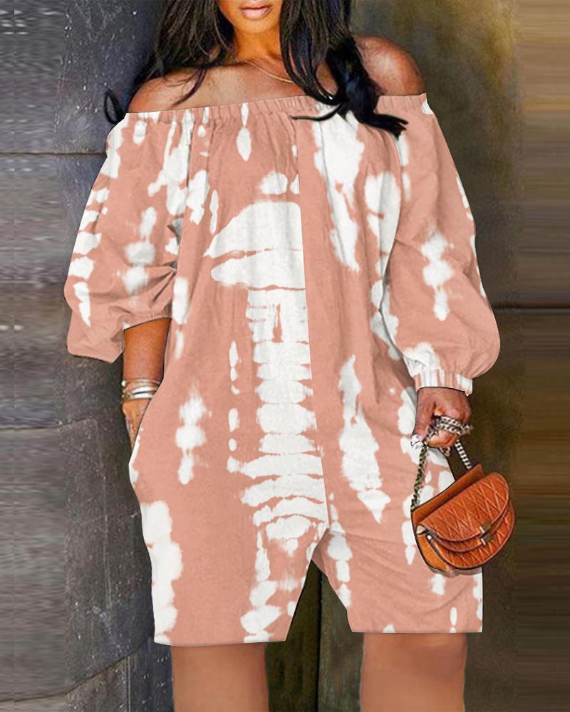 

Tie Dye Print Off Shoulder Lantern Sleeve Romper, Pink