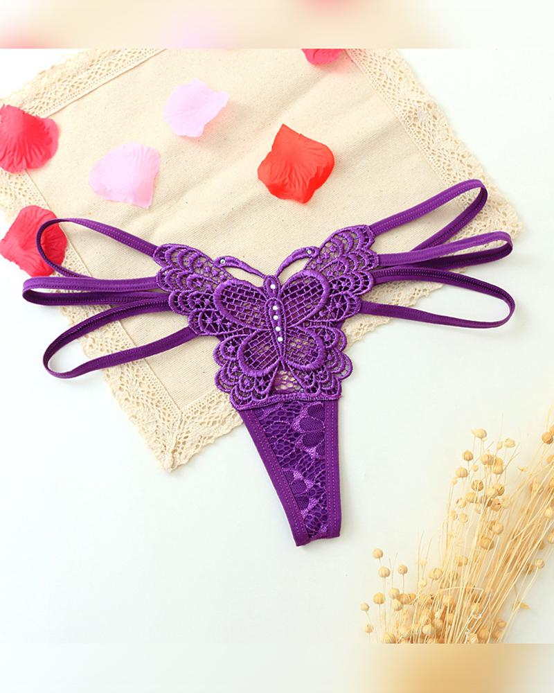 

Solid Lace Patch Skinny Cut-out T-string Panties, Purple
