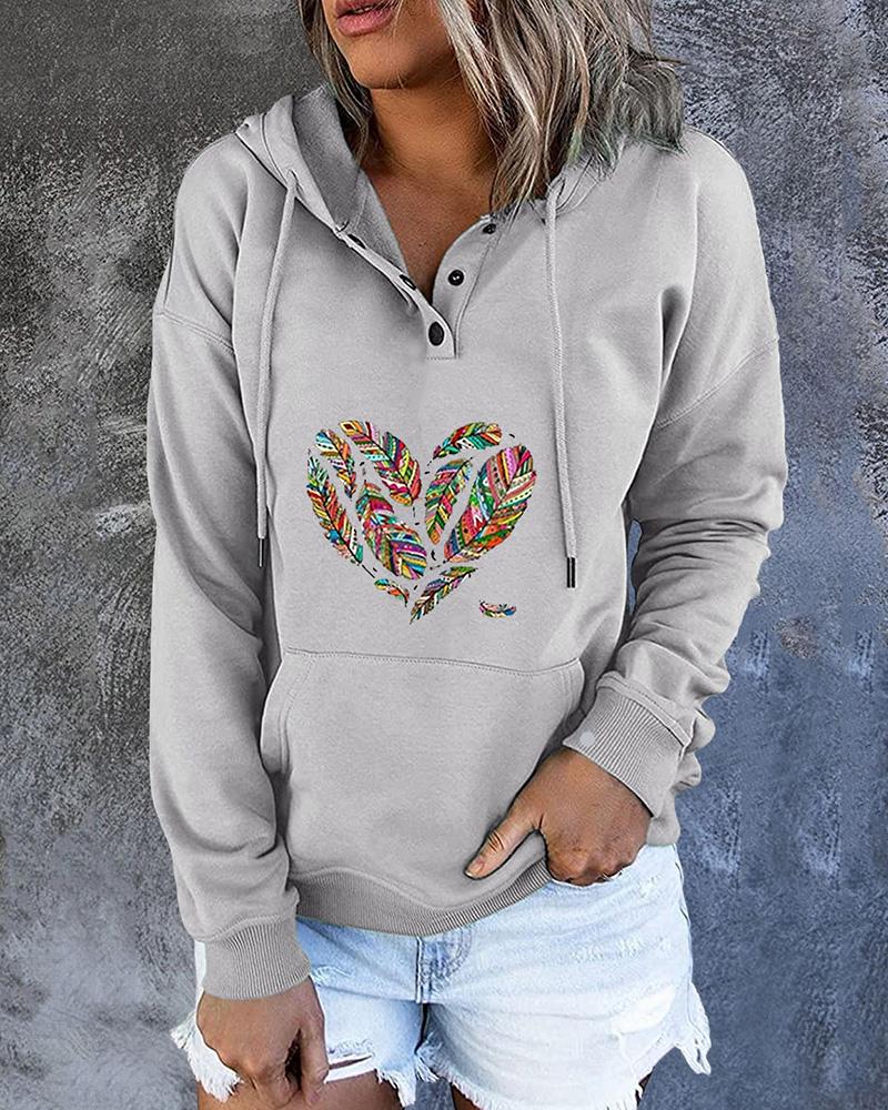 

Feather Print Pocket Design Hooded Sweatshirt, Gray