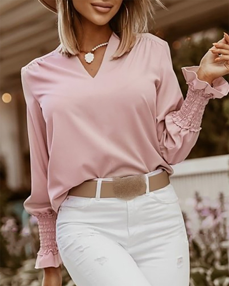 

V Neck Bell Sleeve Shirred Frill Hem Top, Pink