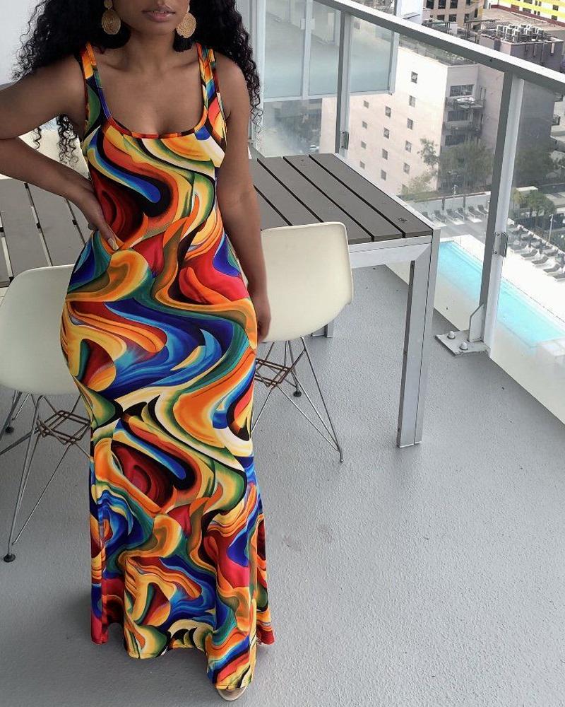

Abstract Print U-Neck Maxi Dress, Orange