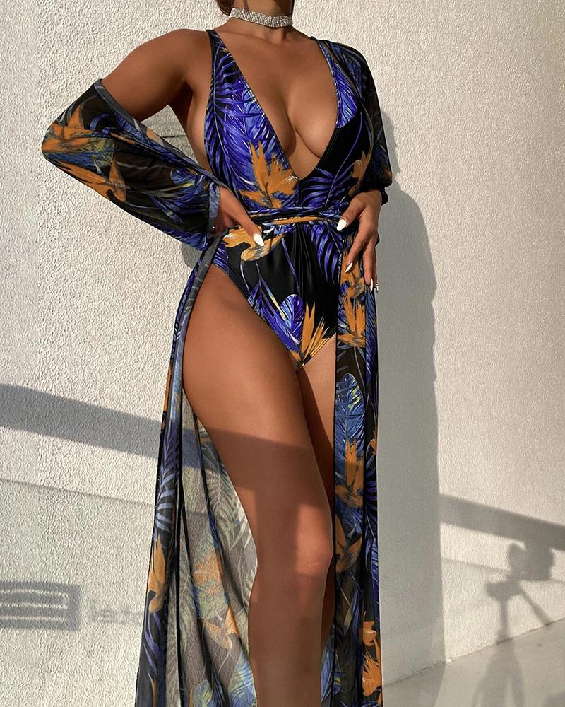 

2PCS Tropical Print One Piece Swimsuit With Cover Up, Orange