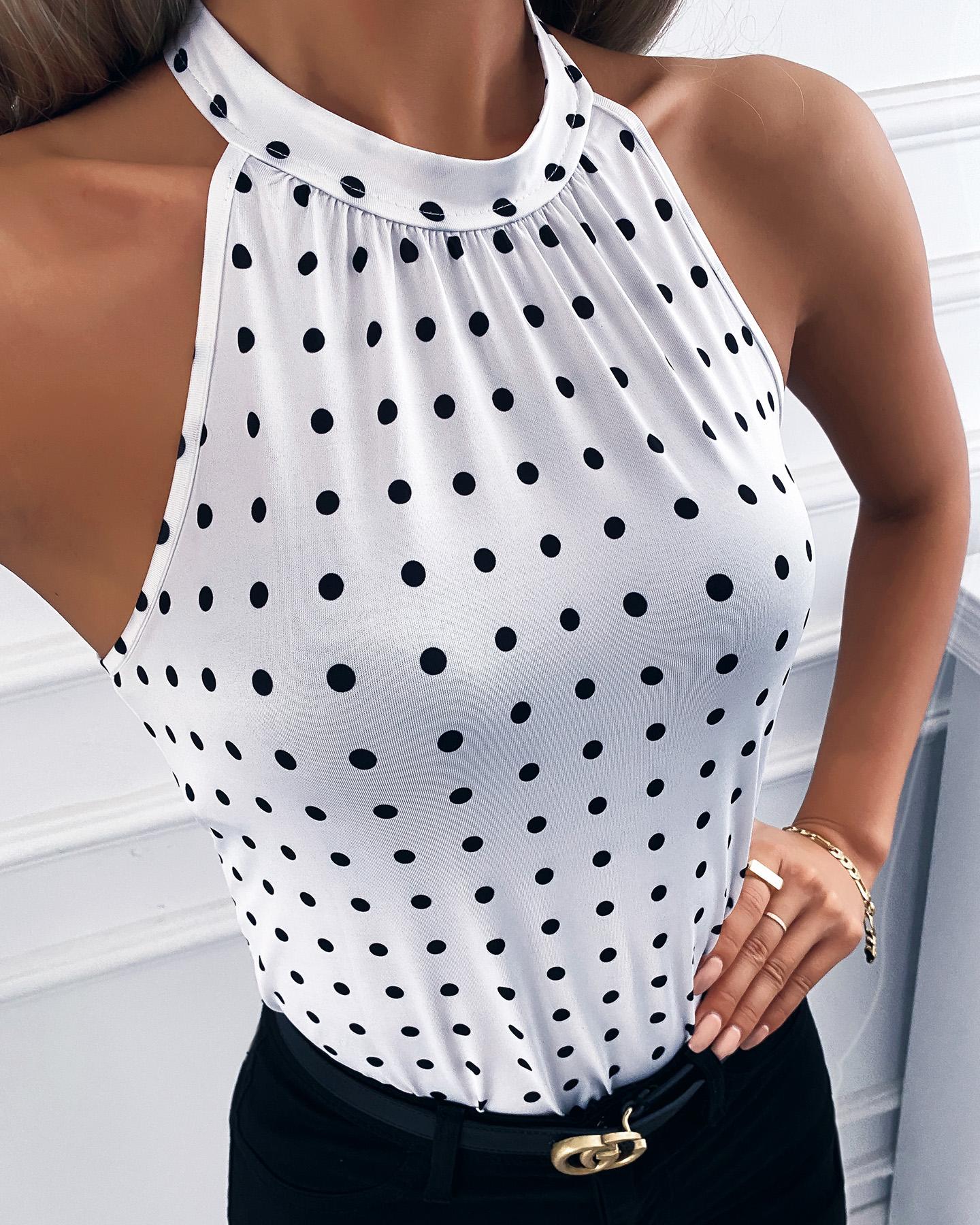 

Polkadot Print Halter Sleeveless Top, White