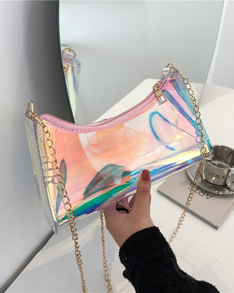 

Clear Holographic Chain Shoulder Bag, Multicolor