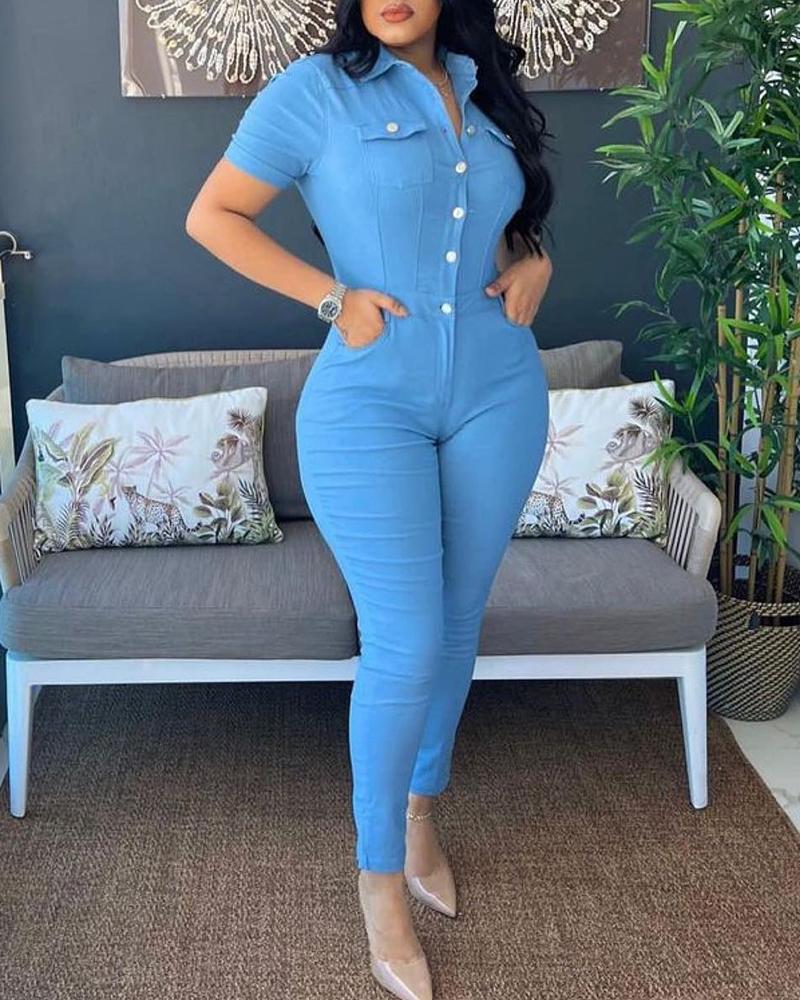 

Buttoned Pocket Design Short Sleeve Jumpsuit, Blue