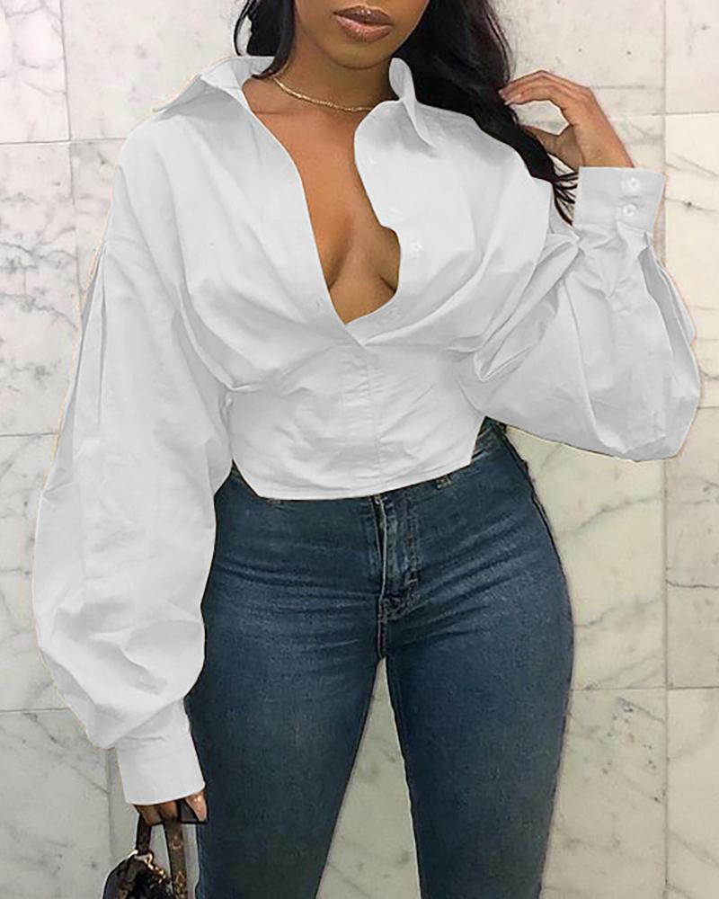 

Button Design Solid Lantern Sleeve Top, White