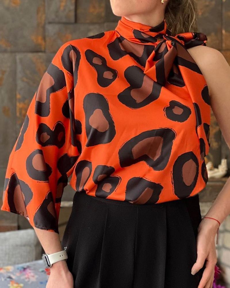 

Leopard Print Tied Detail One Shoulder Top, Orange