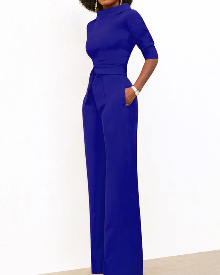 

Solid Self Belted Wide Leg Jumpsuits, Blue