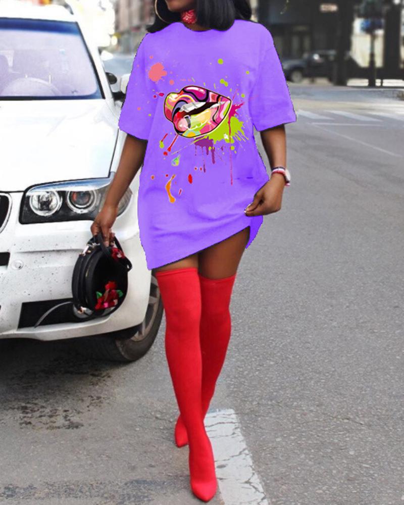 

Multicolor Lips Short Sleeve T-shirts, Purple