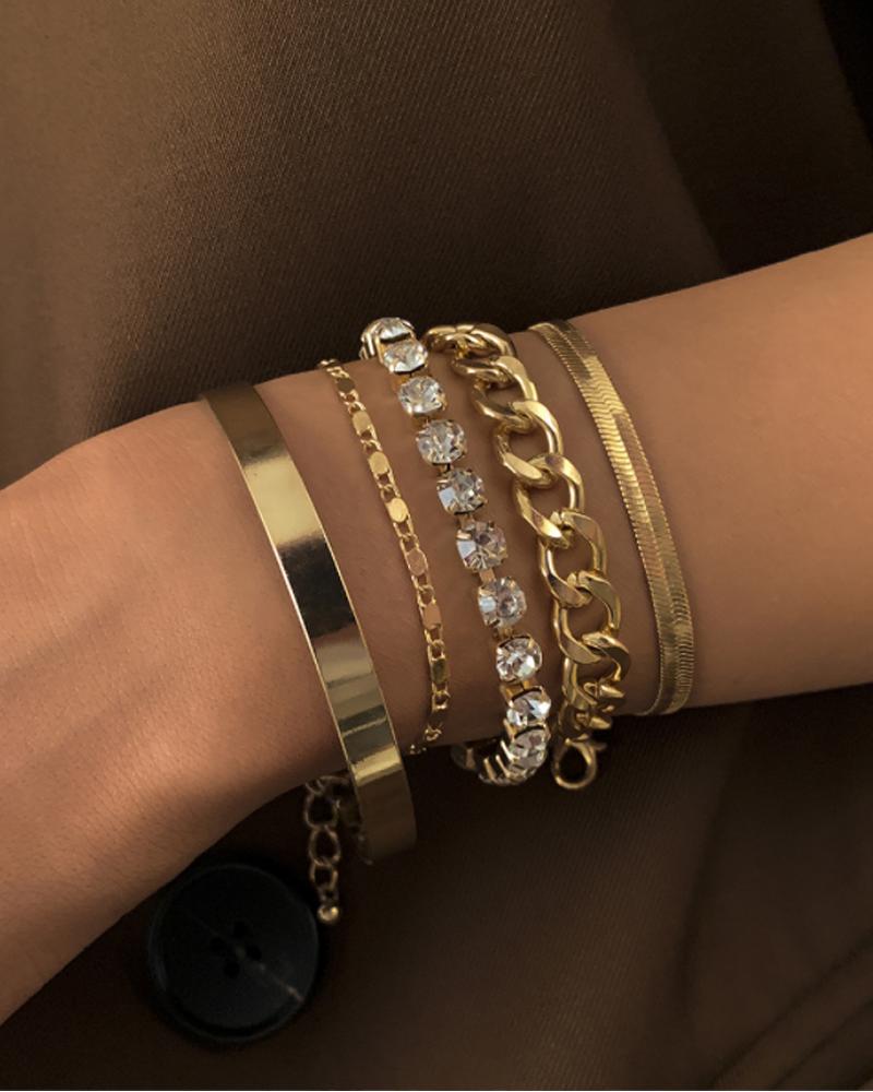 

5PCS/Set Rhinestone Decor Minimalist Chain Design Bracelet, Gold