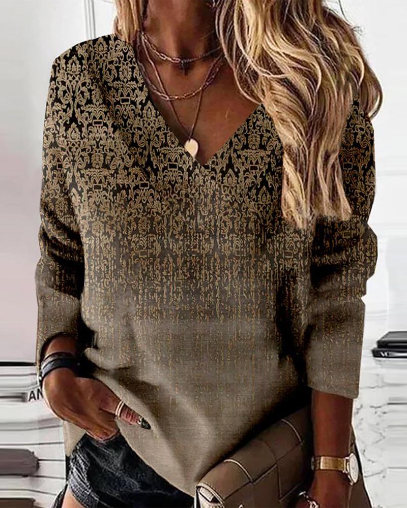 

Tribal Print Long Sleeve Casual Top, Brown