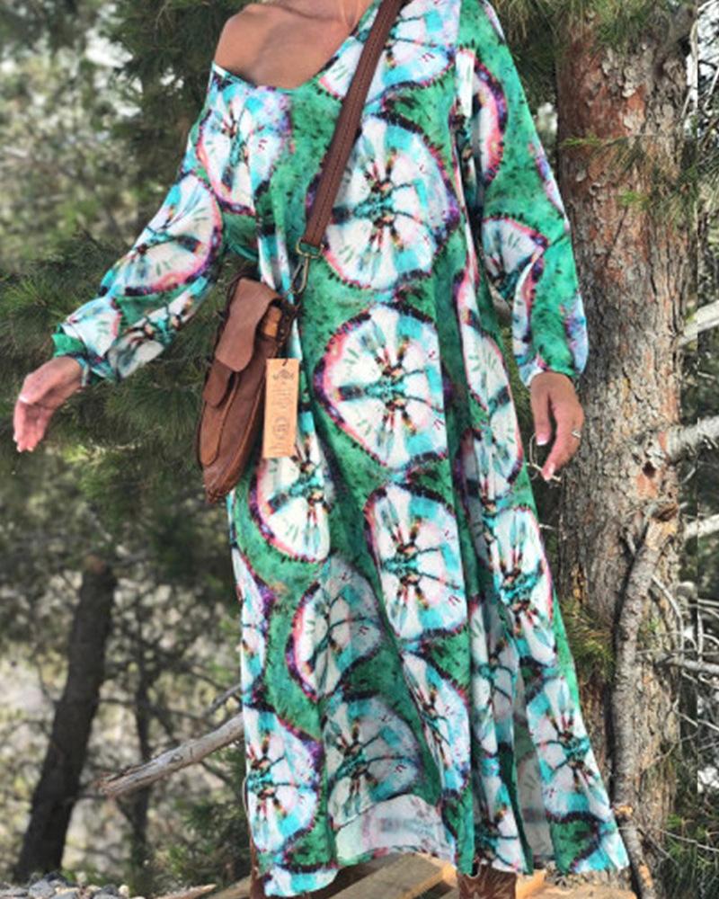 

Graphic Print Long Sleeve High Slit Maxi Dress, Green