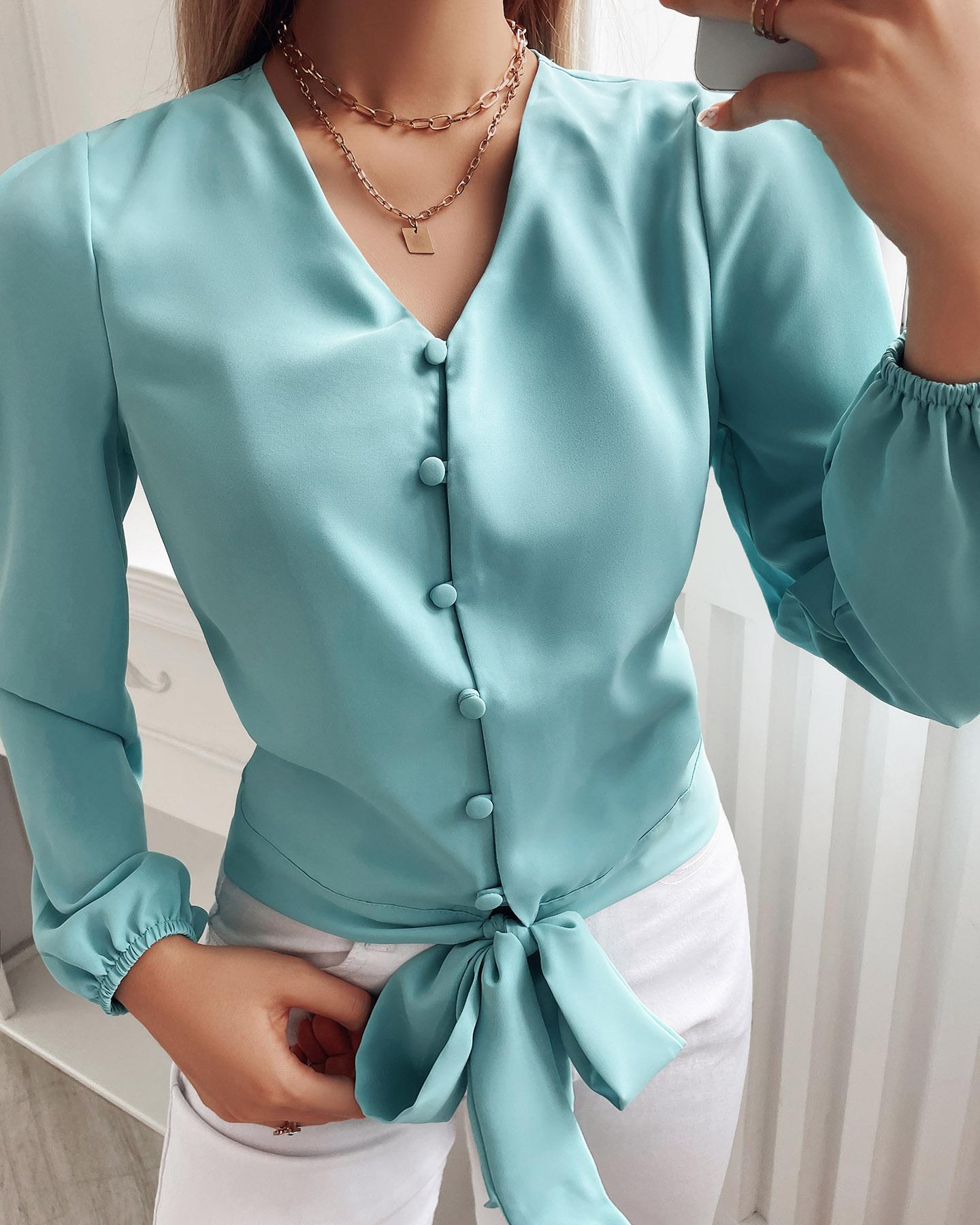 

Puff Lantern Sleeve Tie Front Button Design Top, Green