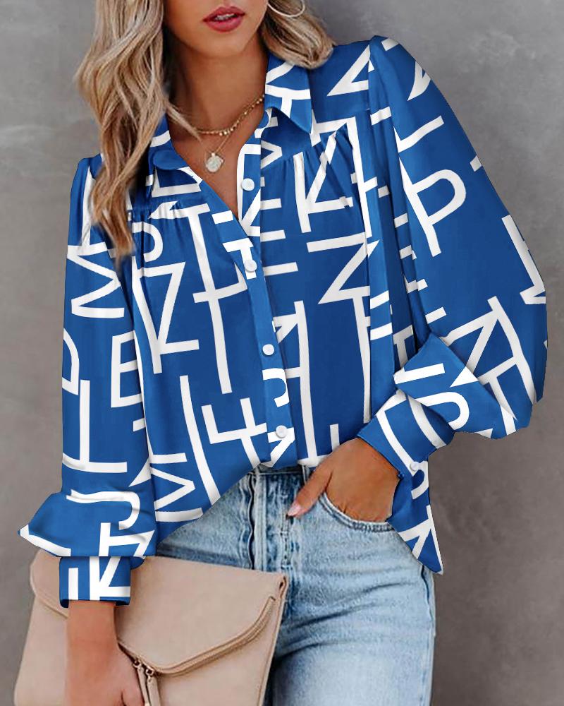 

Letter Print Lantern Sleeve Ruched Shirt, Blue